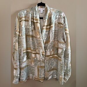 Vintage Stunt Silk Blazer 2X Abstract Print Gold Cream Lightweight Boho Art Deco